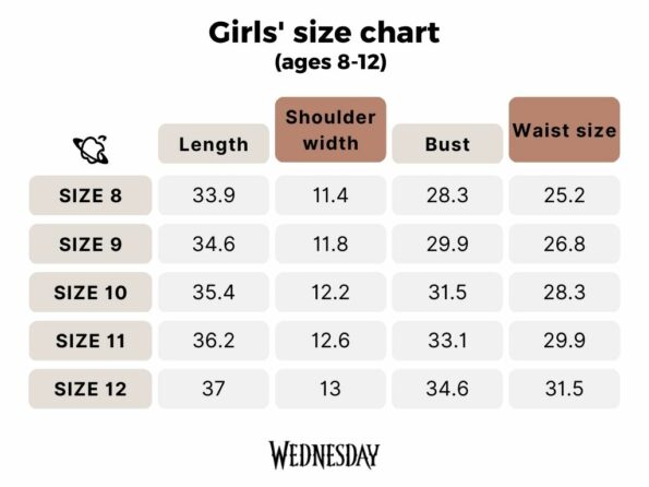 size chart dress girls 8 to 12