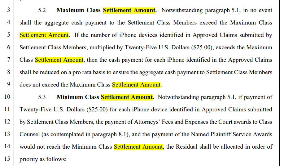 The document that explains how the Apple customers who were affected by the reduced performance of their devices will be paid is the Settlement Agreement and Release. This document is a legal contract between Apple and the plaintiffs who filed the class action lawsuit against Apple for allegedly slowing down their iPhones. The document contains the terms and conditions of the settlement, including the eligibility criteria, the claim process, the payment amount, and the release of claims. 