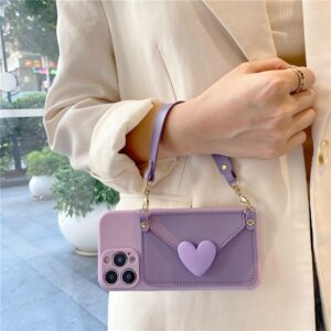 purple wallet case for iphone 15 pro max cute designer case with heart detail card and money